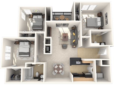 Floor plan for 3 beds, 2 baths, 1154 sqft